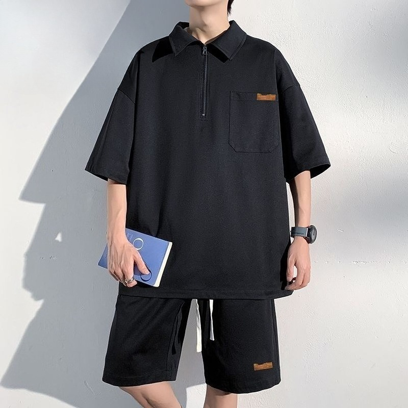 Streetwear Zipper - Men's Zip Up Polo Shirt Set