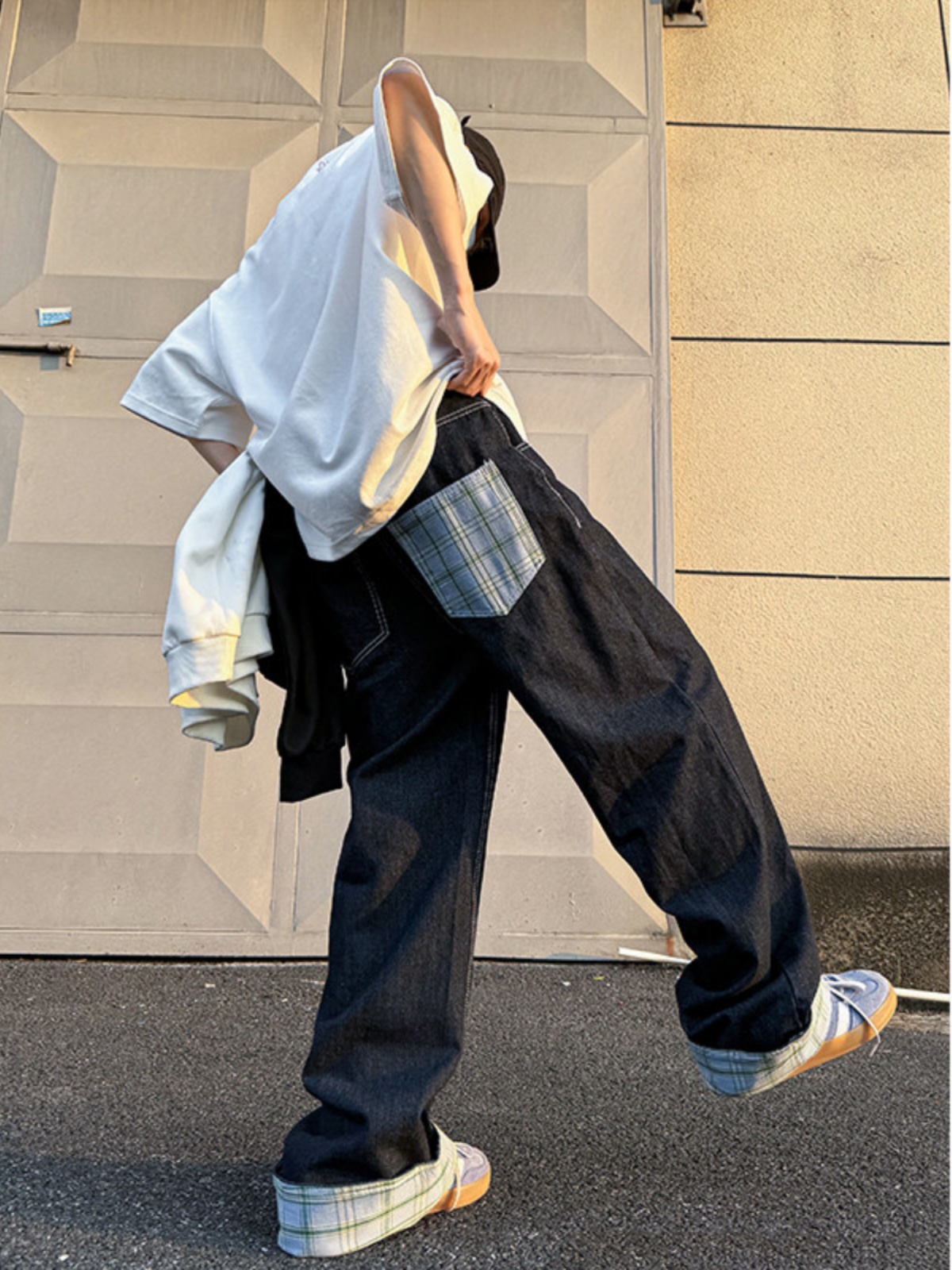 Retro American Spliced Wide Le - Streetwear Brand Jeans avaliação e preço