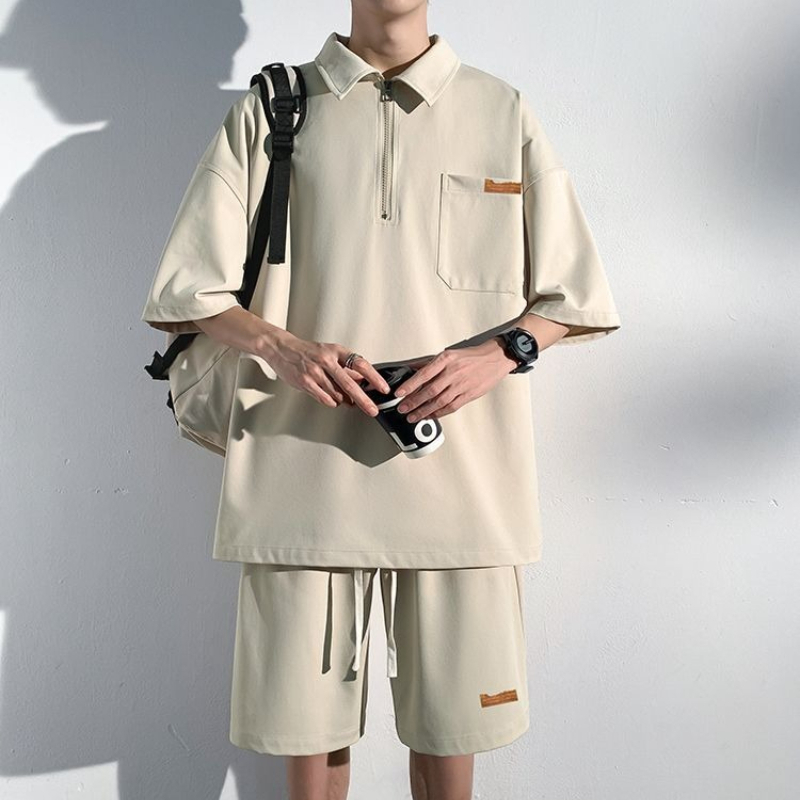 Men's Zip Up Polo Shirt Set Su - Streetwear Zipper avaliação e preço