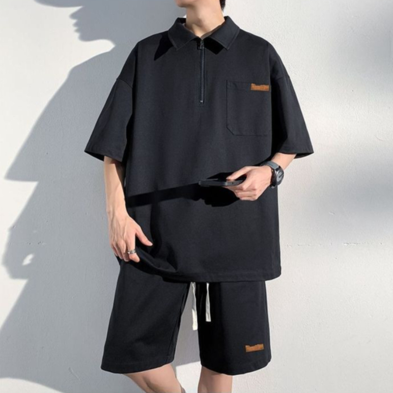 Men's Zip Up Polo Shirt Set Su - Streetwear Zipper avaliação e preço